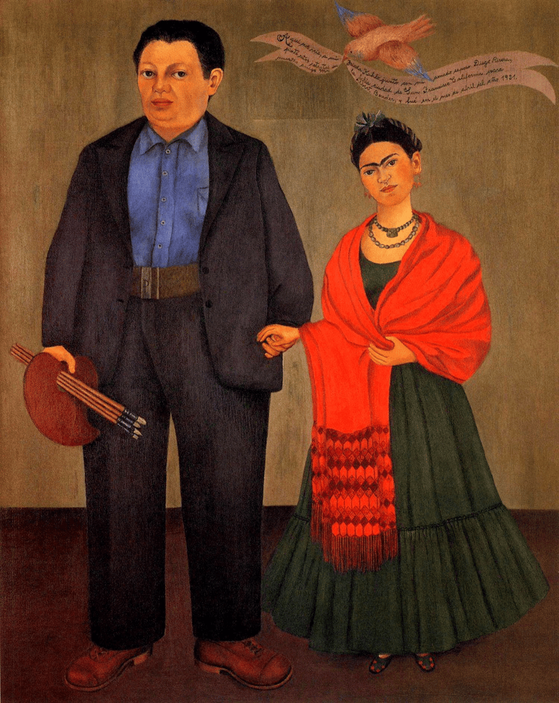 Painted portrait of Diego Rivera standing beside Frida Kahlo