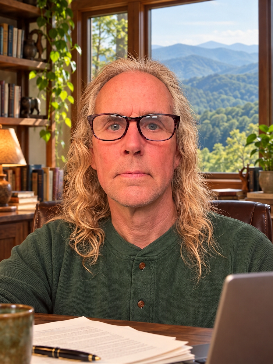 Prasad Paul Duffy at his writing desk with a mountain view