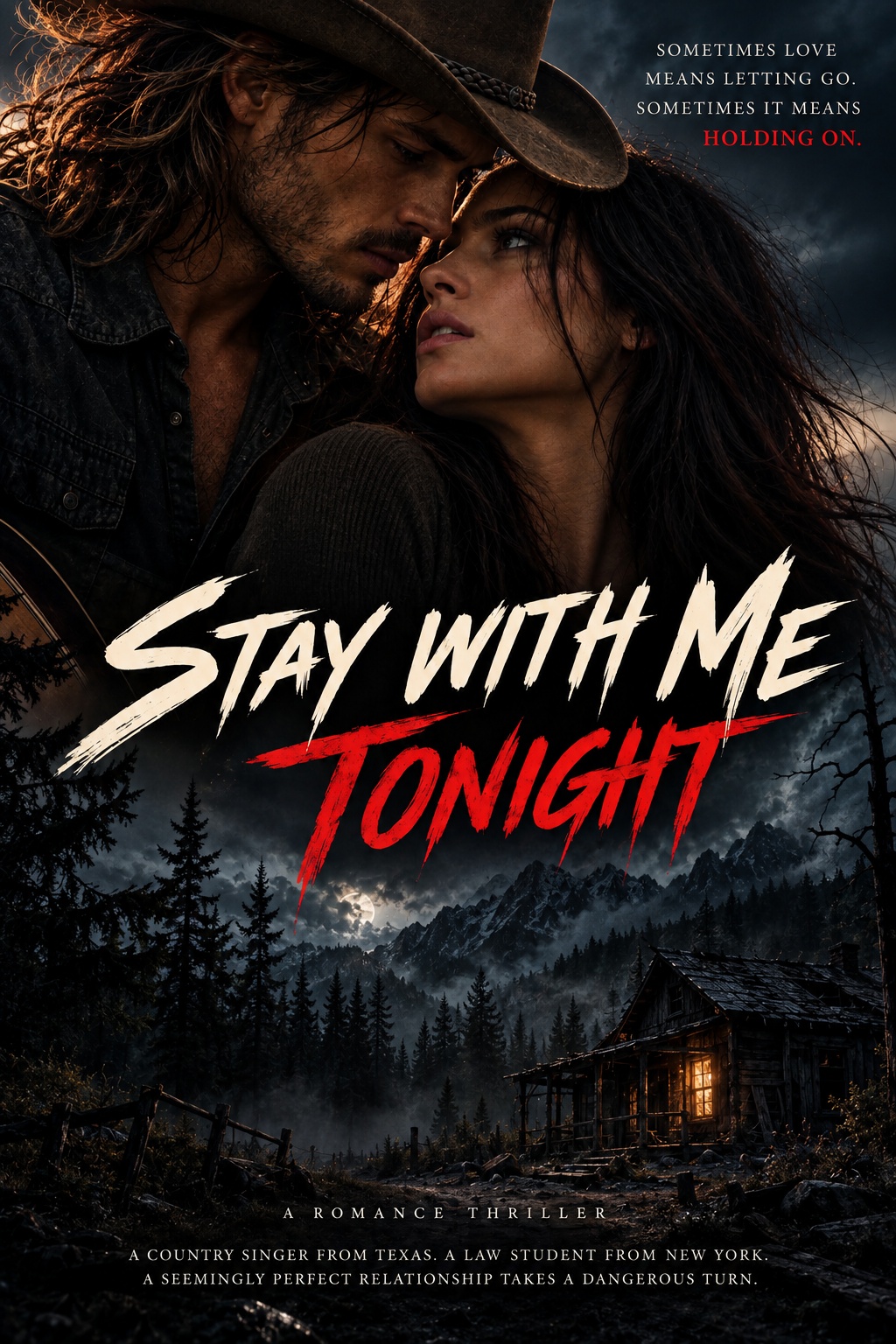 Stay With Me Tonight romance thriller poster featuring Shane and Kat above a dark, isolated mountain cabin.